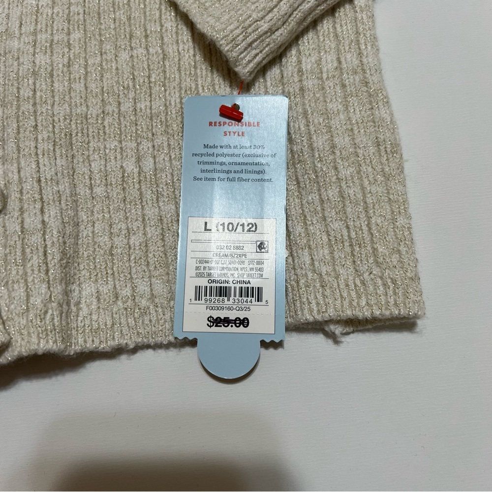 NWT Cat & Jack Girl's Ribbed Bow V-Neck Cardigan- Cream L (10/12) - Picture 6 of 8